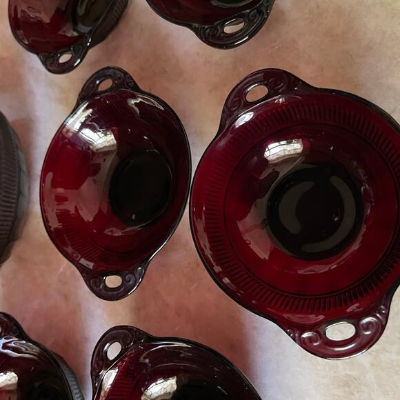 Vtg Coronation-Royal Ruby Handled Salad 7 PC Set Anchor Hocking Depression Glass - Picture 5 of 11